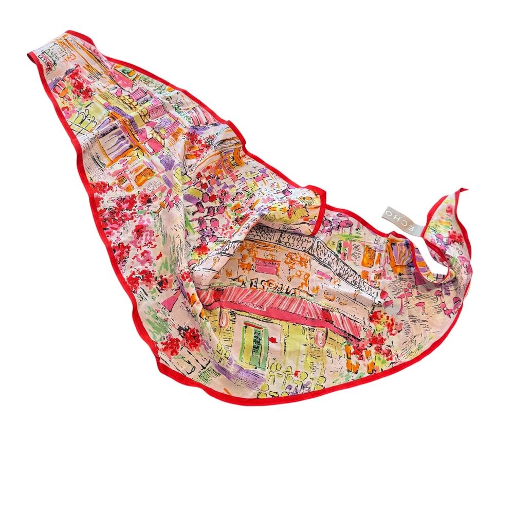 Echo 100% Silk Parisian Cafe Scene Triangle Chiffon Scarf Red Trim
